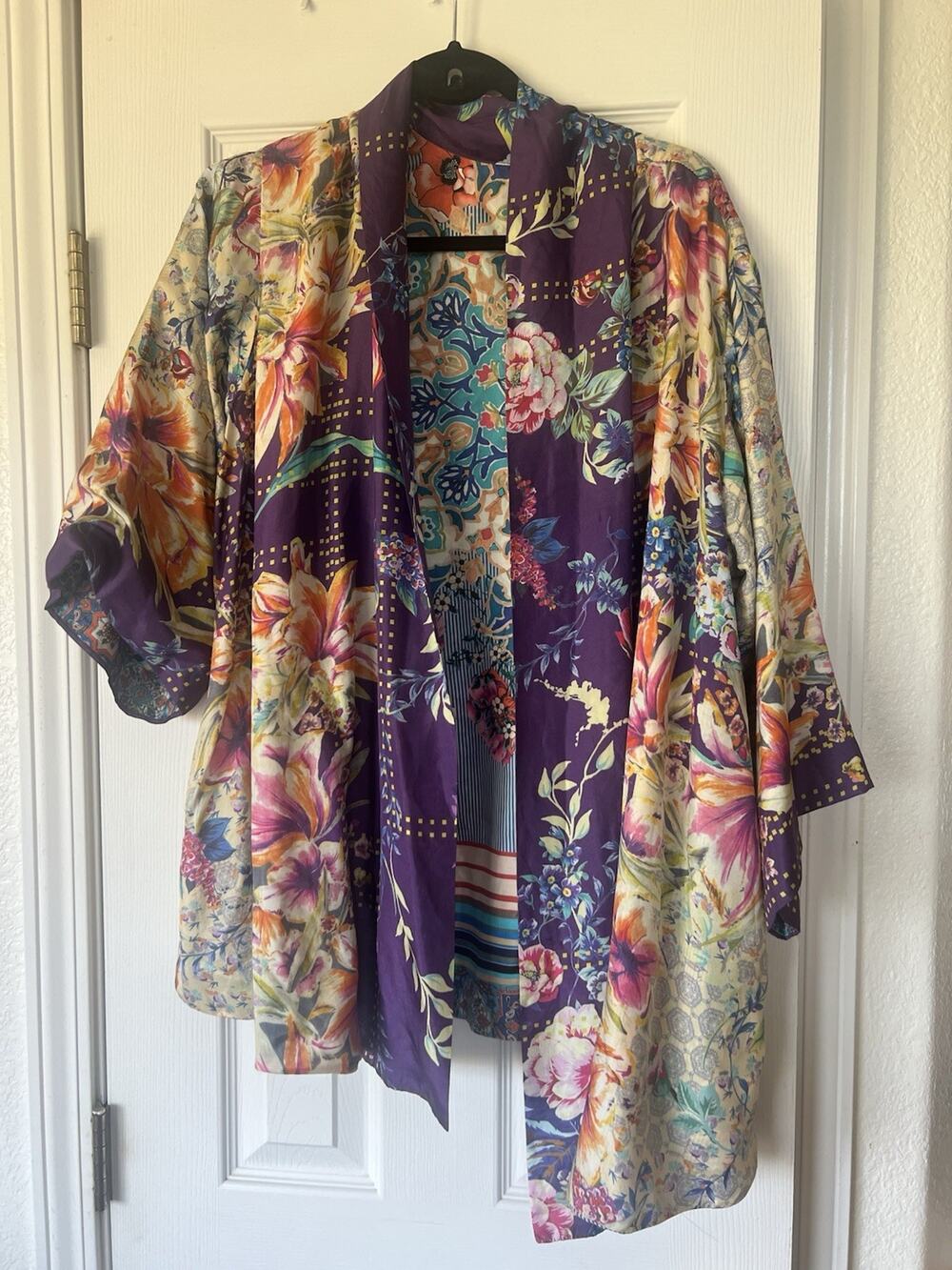 Johnny Was 100% Silk Kimono Reversible Jacket Florals Mixed Print NWOT Large